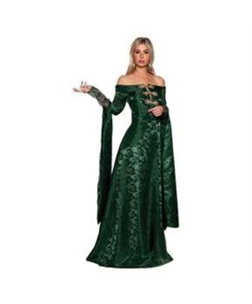 Women's Renaissance Queen Costume Emerald Green Gown with Lace Accents and Braided Closures